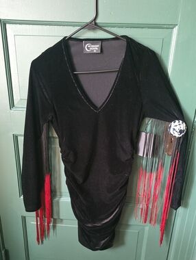 Midnight Hour Black Velvet Mini Dress with Red Fringe